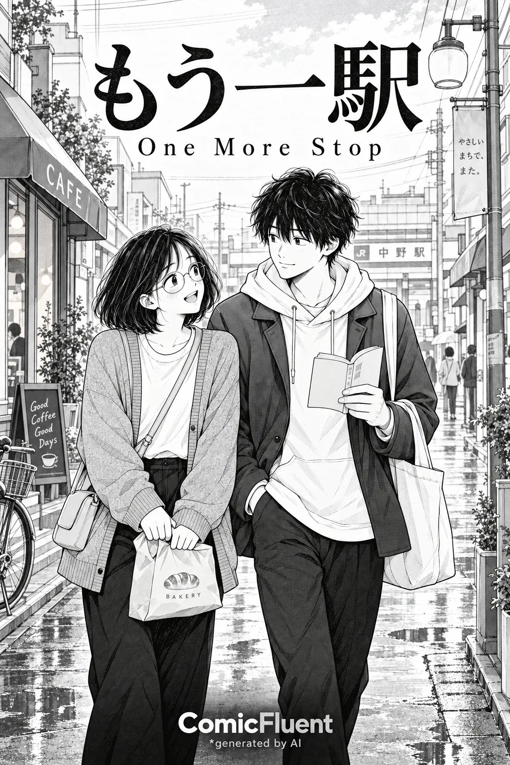 Title page of One More Stop (もう一駅): Mio and Ren on a neighborhood shopping street, with ComicFluent branding and an AI-generation credit.