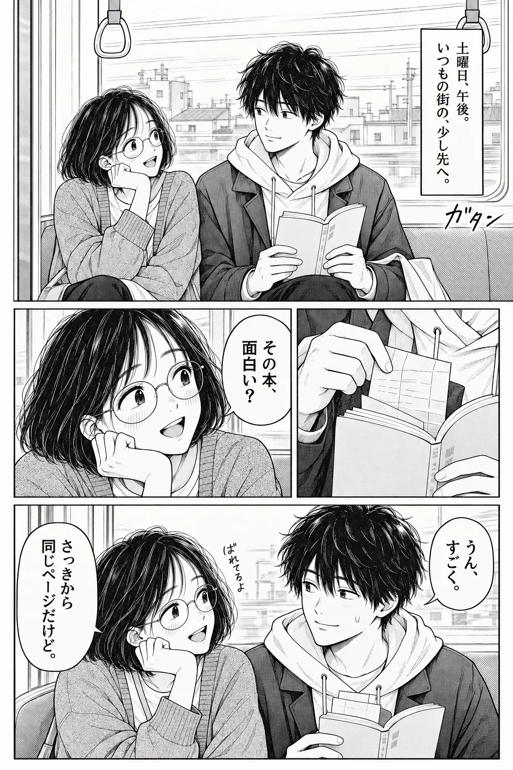 One More Stop, Japanese story page 1. Mio teases Ren about his carefully planned outing while they ride a commuter train.