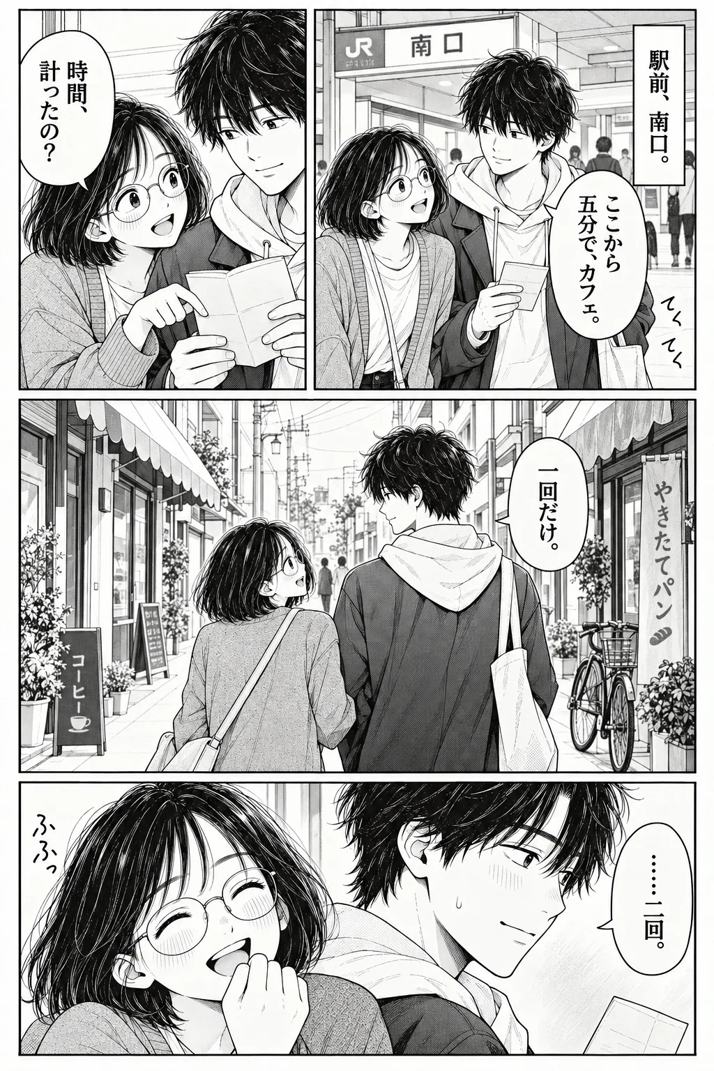 One More Stop, Japanese story page 2. The friends leave the station and walk toward the café on Ren’s itinerary.