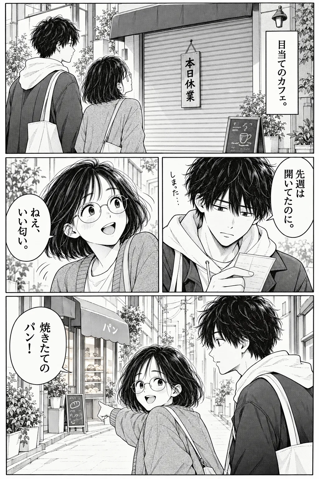 One More Stop, Japanese story page 3. Their chosen café is closed, but Mio notices the smell of fresh bread nearby.