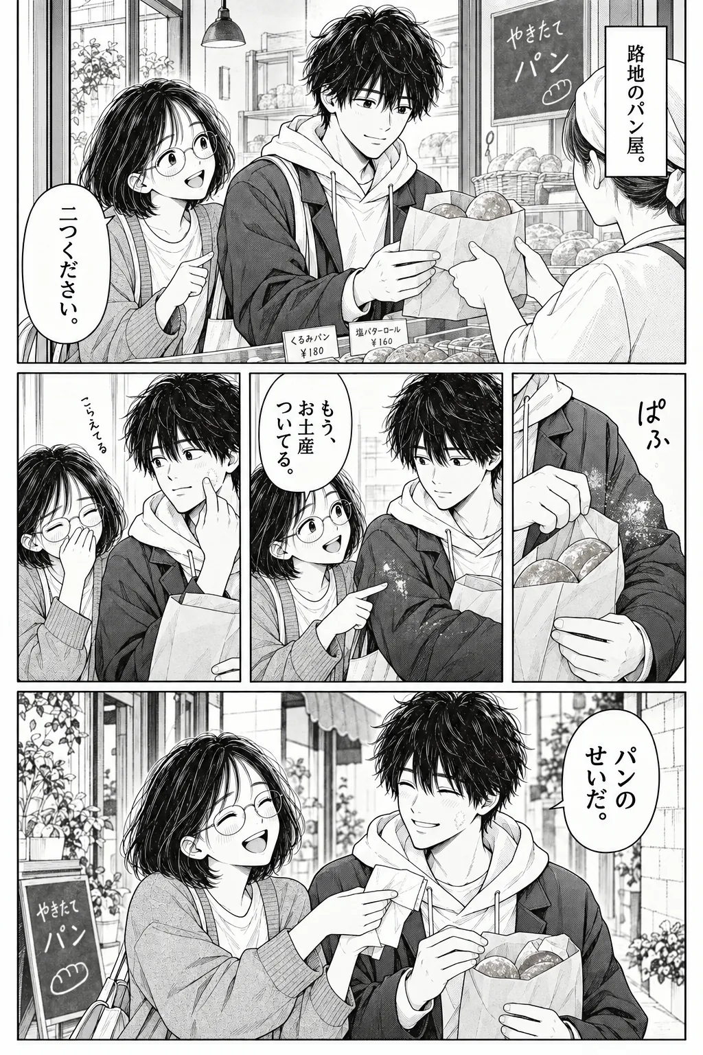 One More Stop, Japanese story page 4. A visit to the bakery leaves flour on Ren’s sleeve and gives them both a laugh.