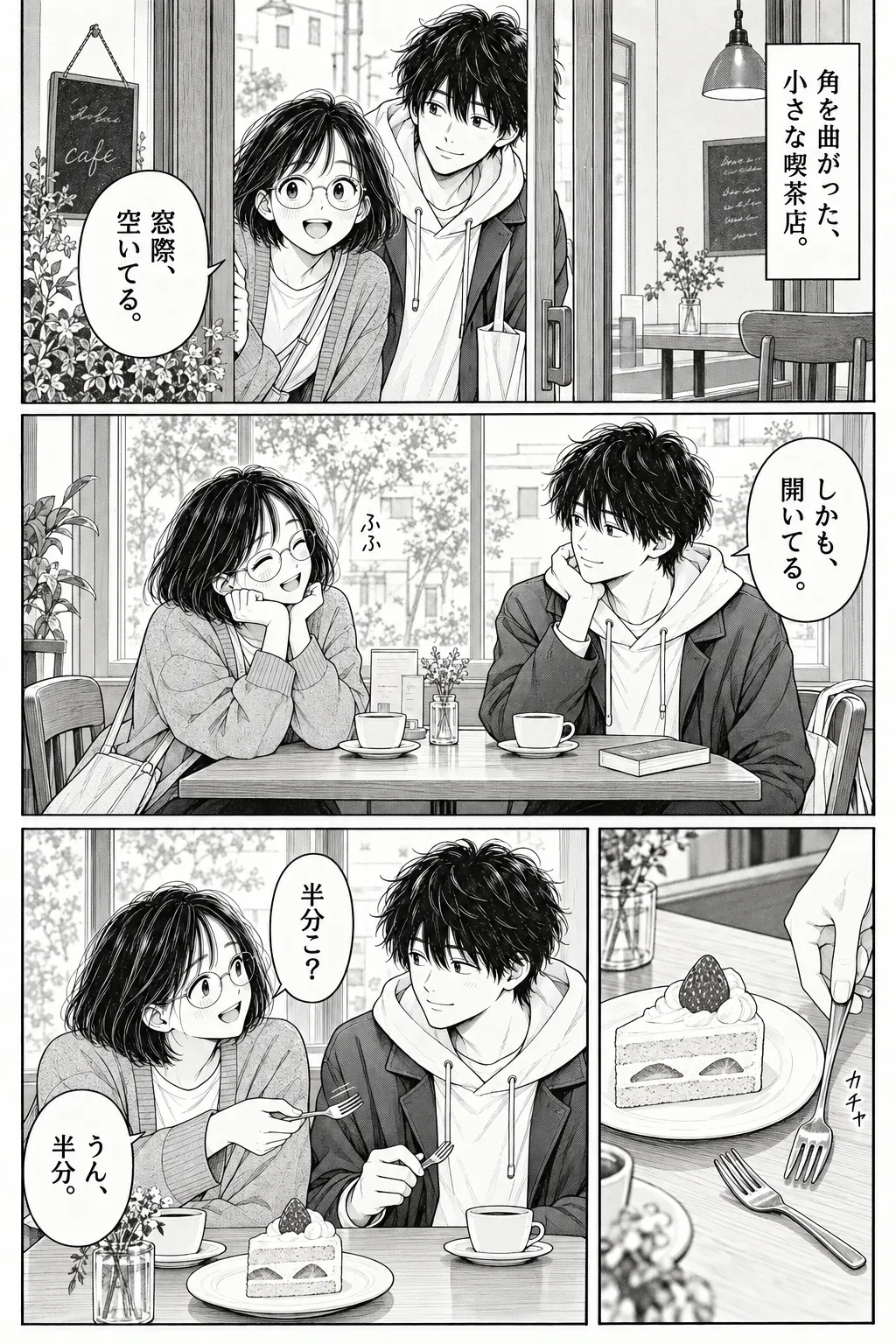 One More Stop, Japanese story page 5. They find another café and agree to share a slice of strawberry cake.