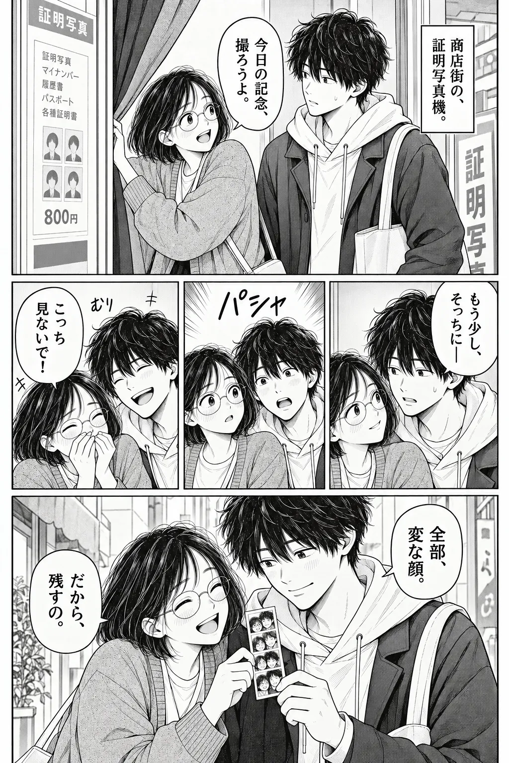 One More Stop, Japanese story page 8. The friends squeeze into a photo booth and keep a strip of silly photographs.