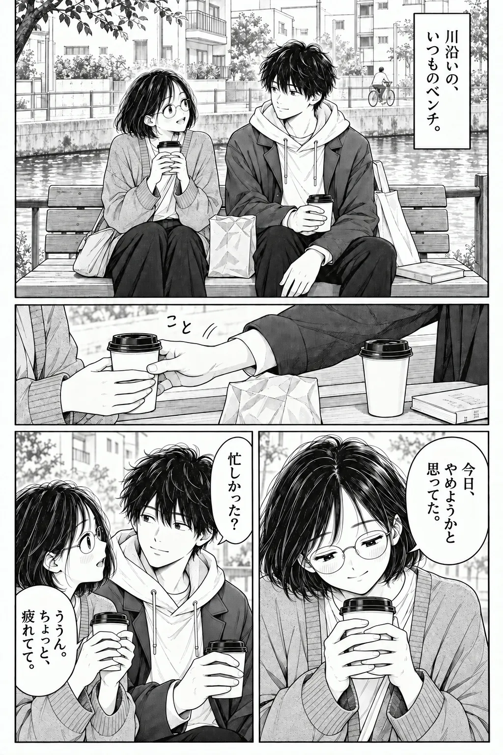 One More Stop, Japanese story page 12. On a bench beside the canal, Mio admits she almost cancelled their outing.