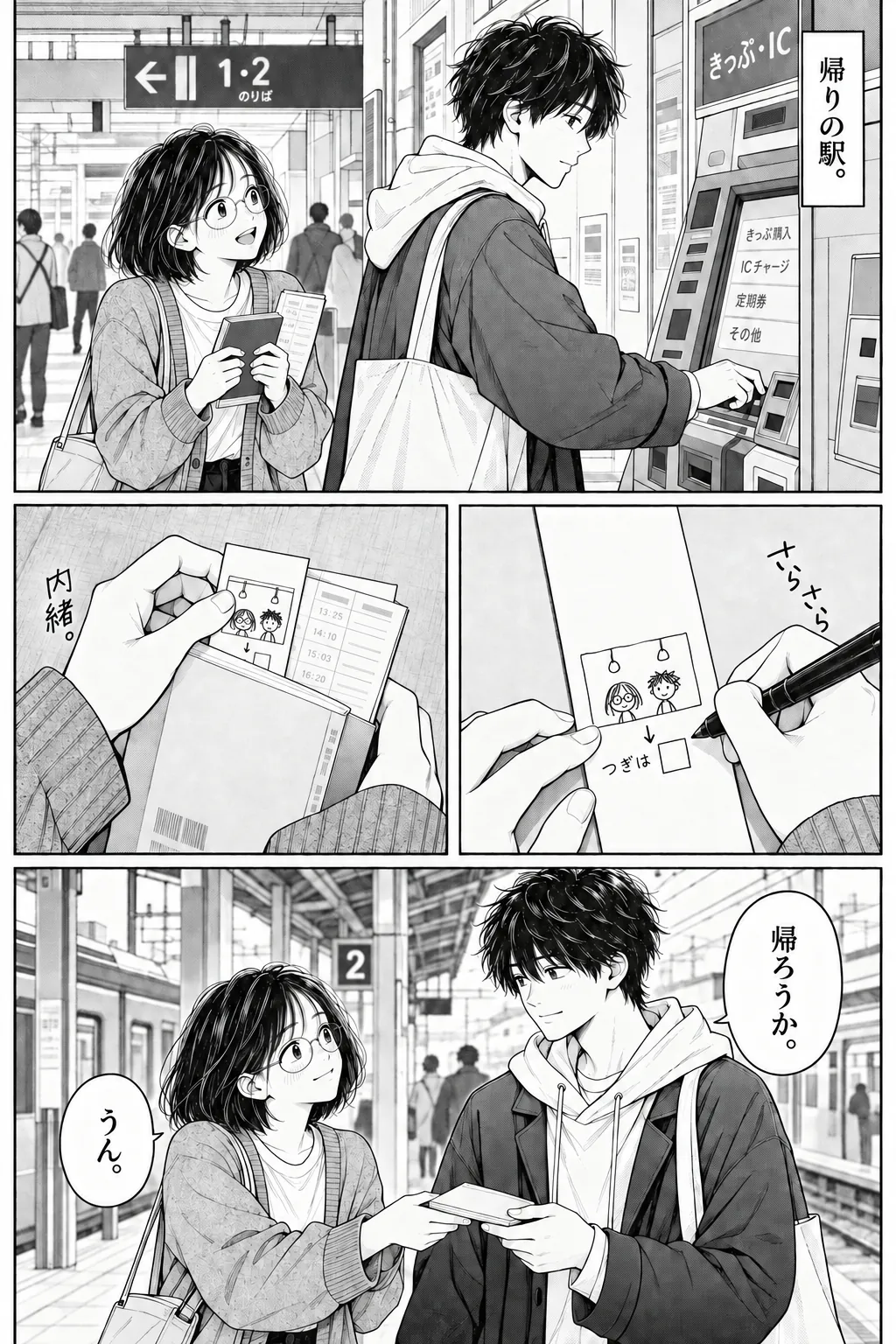 One More Stop, Japanese story page 14. Mio slips a small drawing on the back of their photo strip into Ren’s book.