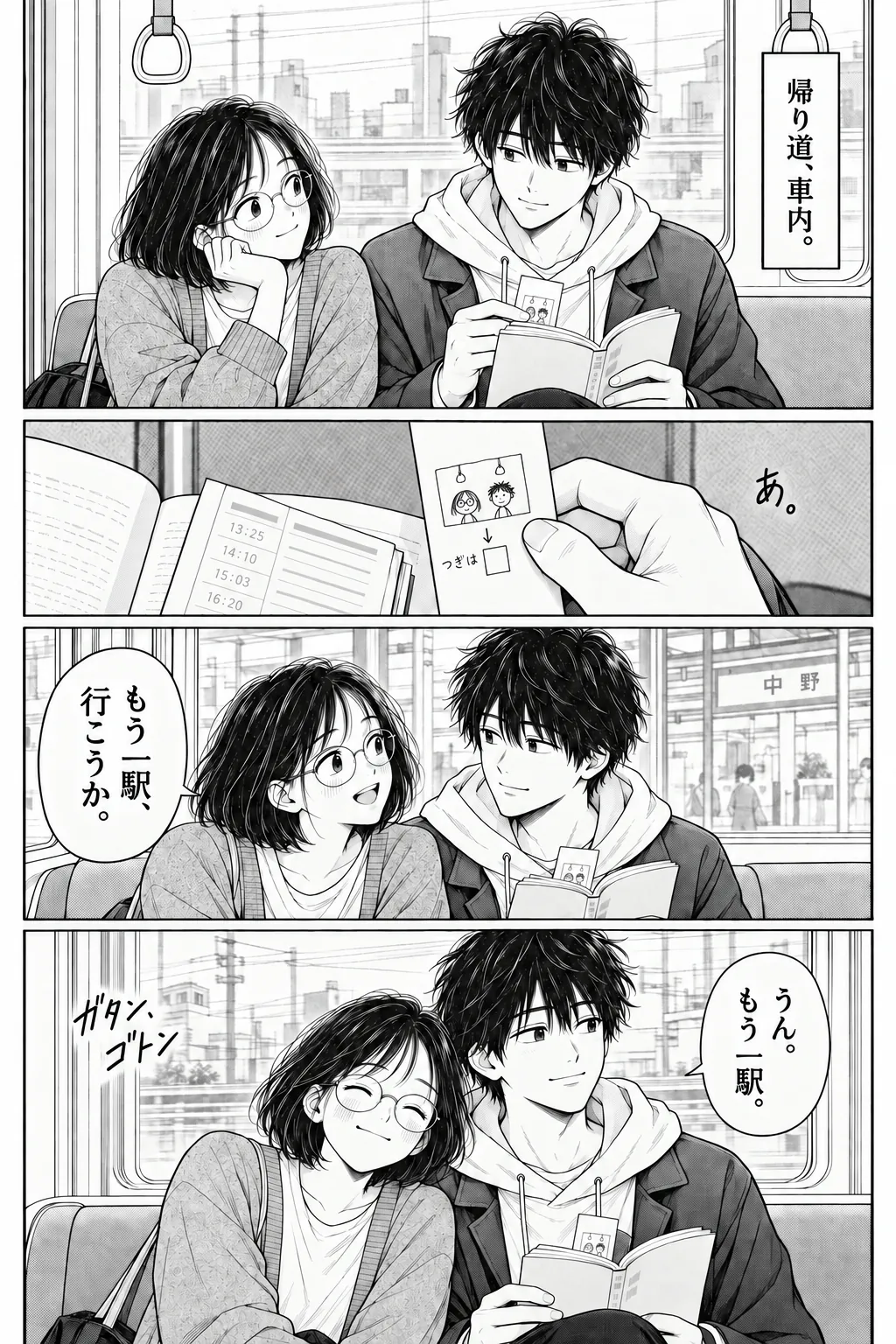 One More Stop, Japanese story page 15. On the train home, Ren finds the drawing and they decide to ride one more stop.