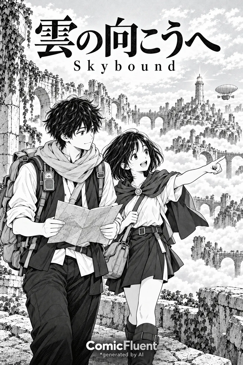 Title page of Skybound (雲の向こうへ): Kai and Rin above the clouds, with ComicFluent branding and an AI-generation credit.