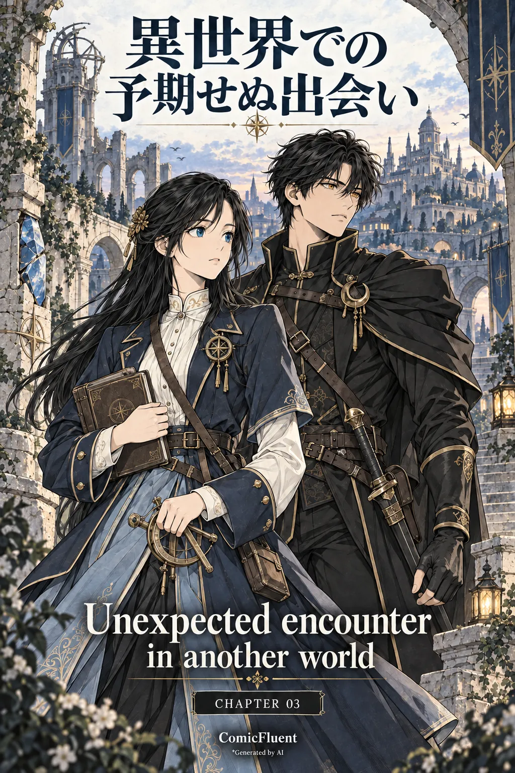 Unexpected encounter in another world, Chapter 3 cover: Elara and Kael before the city, with Japanese and English titles, ComicFluent branding and an AI-generation credit.