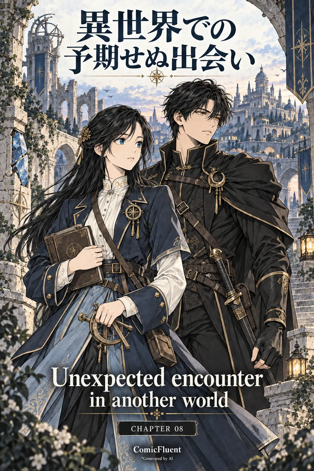 Unexpected encounter in another world, Chapter 8 cover: Elara and Kael before the city, with Japanese and English titles, ComicFluent branding and an AI-generation credit.