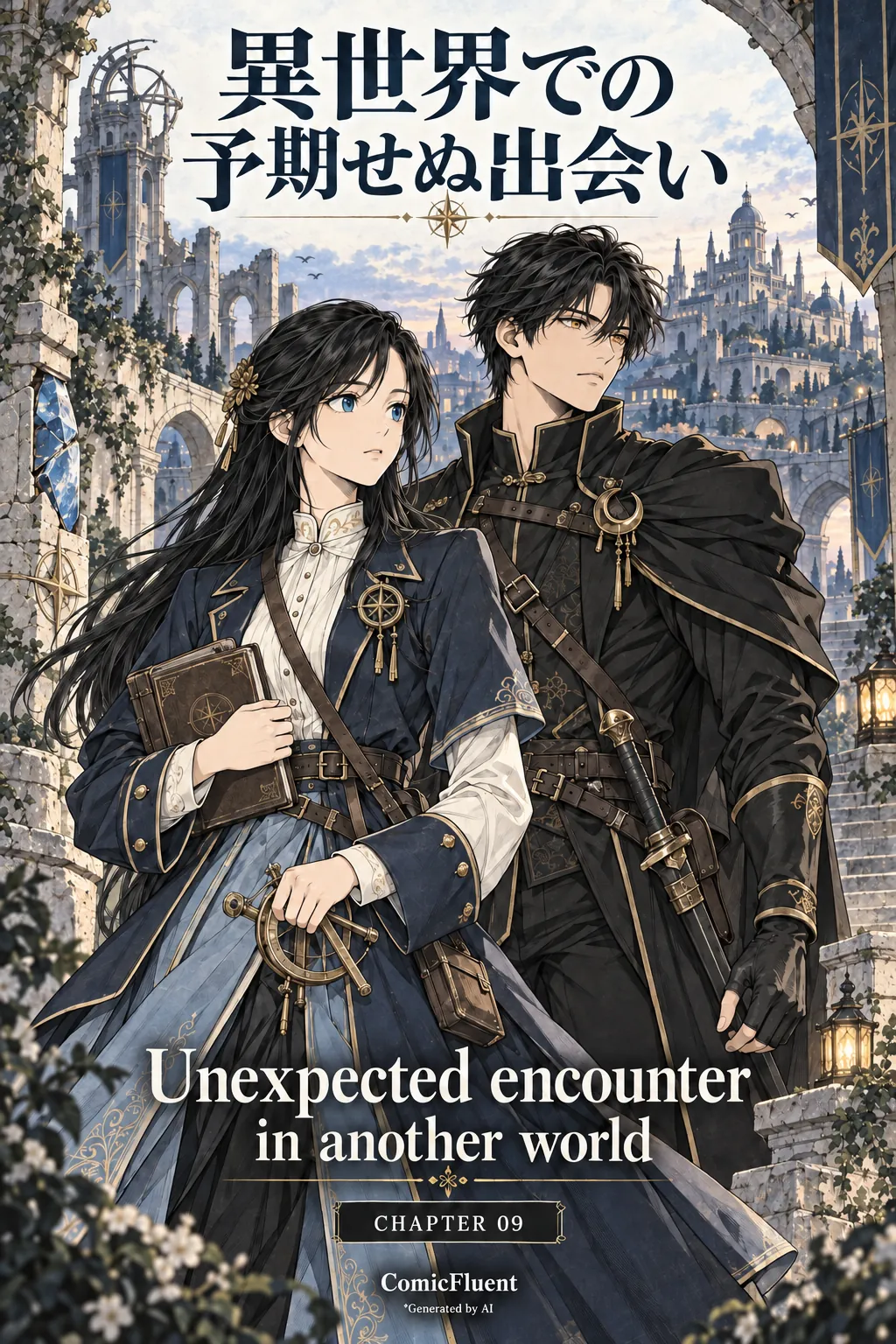 Unexpected encounter in another world, Chapter 9 cover: Elara and Kael before the city, with Japanese and English titles, ComicFluent branding and an AI-generation credit.