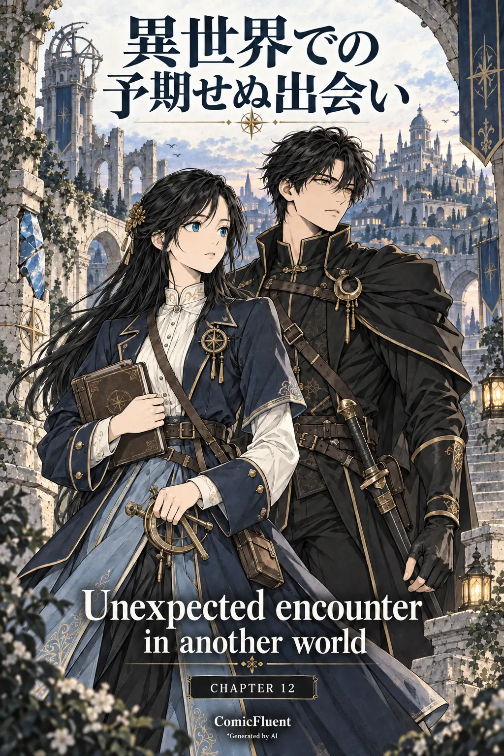 Unexpected encounter in another world, Chapter 12 cover: Elara and Kael before the city, with Japanese and English titles, ComicFluent branding and an AI-generation credit.