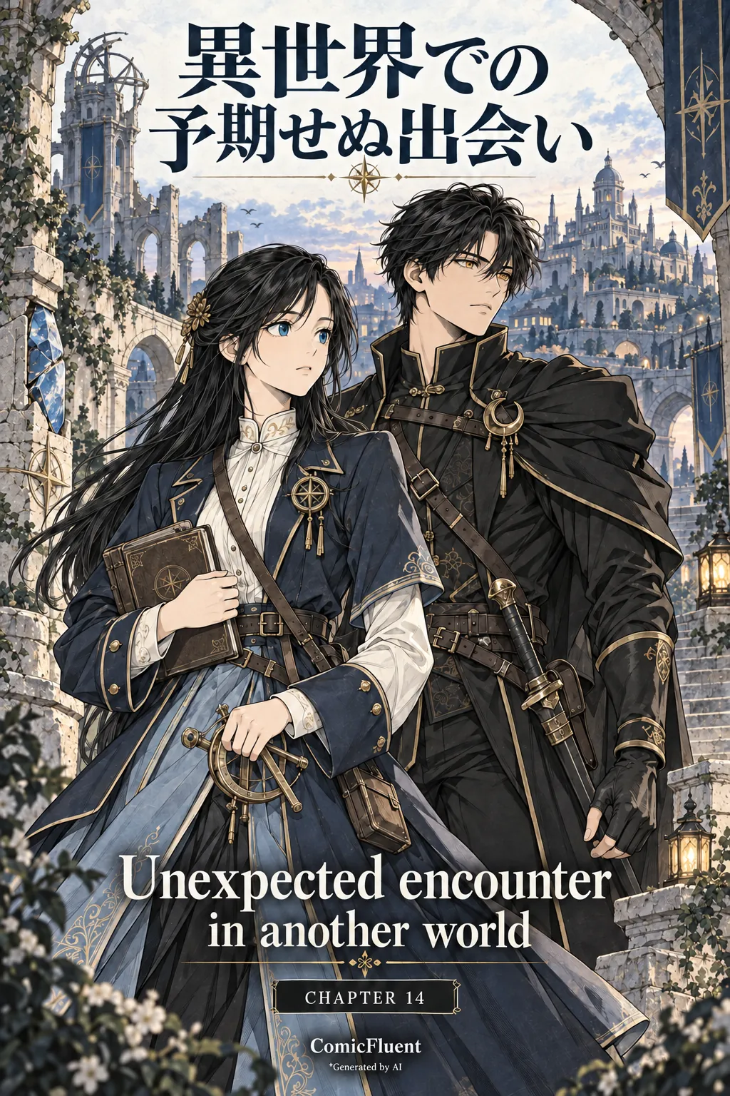 Unexpected encounter in another world, Chapter 14 cover: Elara and Kael before the city, with Japanese and English titles, ComicFluent branding and an AI-generation credit.