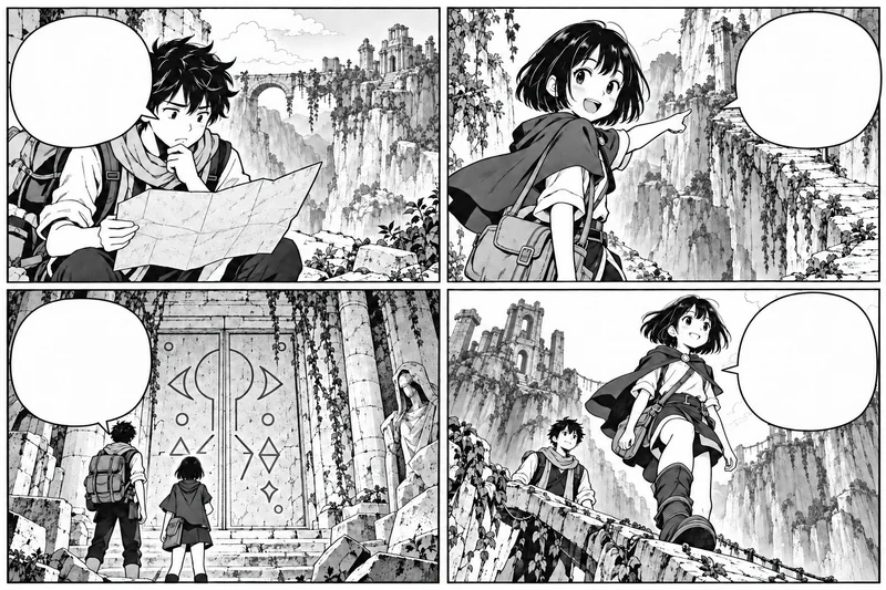 Two travellers exploring cliffside ruins beneath a vast sky.