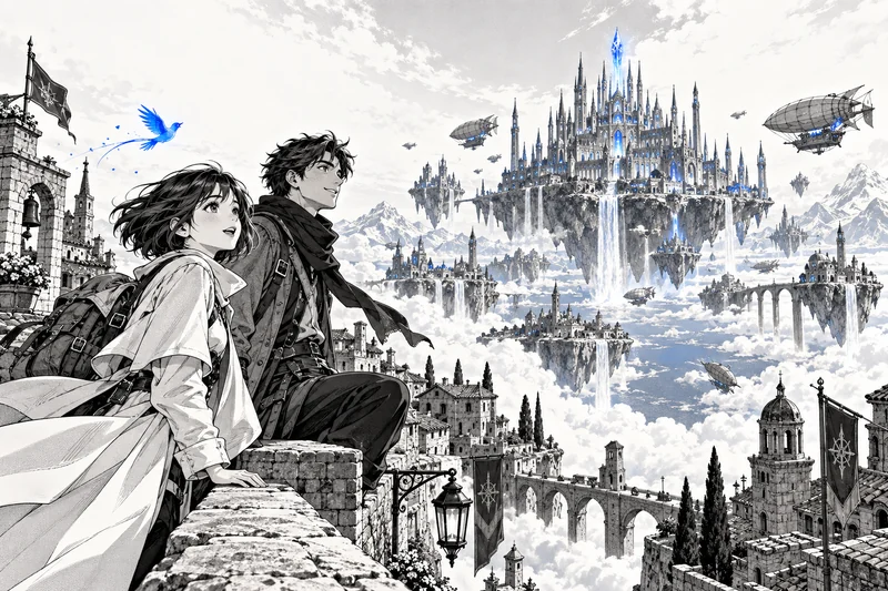 Two travellers look toward a floating city.